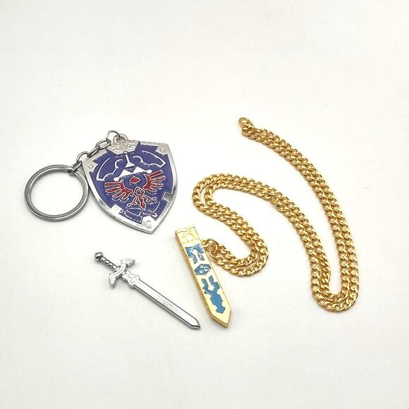 Stainless Legend of Zelda Master Sword & Shield Necklace Keychain Gift Set - NEW - Picture 1 of 8